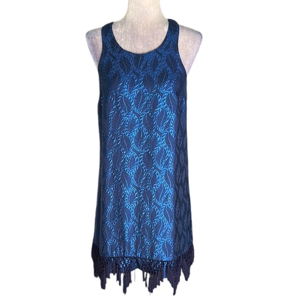 Lilly Pulitzer Marquette Silk Metallic Blue Leaf Jacquard Fringe Shift Dress - S - Picture 5 of 16